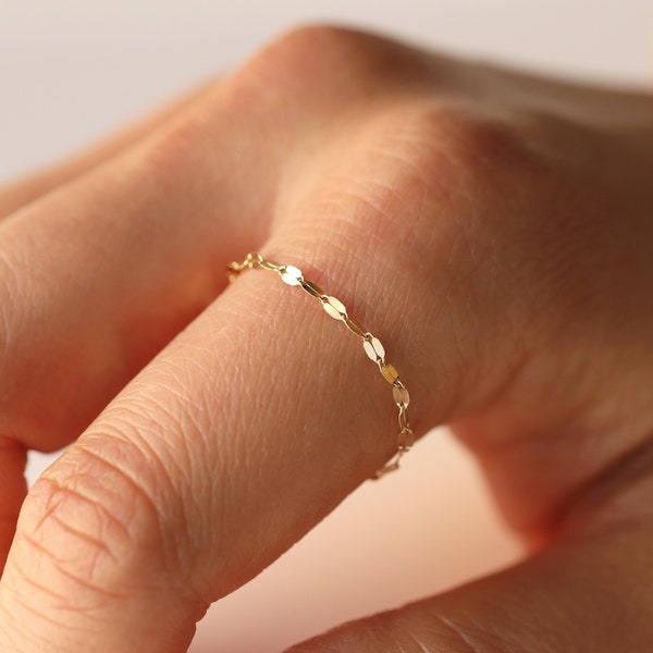 Bague chaîne à paillettes, bague minimaliste, maillon de chaîne miroir, bague en or massif 14 carats, chaîne chaîne simple, bague empilable, bague à superposition