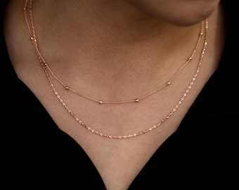 14K Solid Gold 1.4mm Diamond Cut Rolo Chain Necklace, Glitter Link Chain Layering Necklace