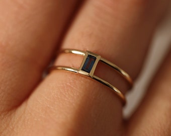 Blue Sapphire Ring, Baguette Cut Blue Sapphire Double Band, 14K Natural Blue Sapphire Band, Sapphire Wedding Band, Natural Birthstone Ring