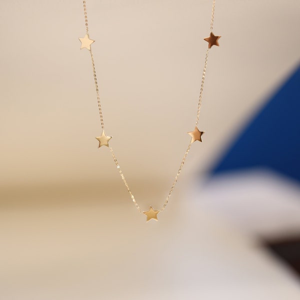 Star Charm Necklace, 5 Star Charm Choker, 14k Gold Star Charm Necklace, Star Pendant Necklace, Layering Necklace, 14k Gold Star Choker