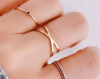 Versatile Gold Ring, X Ring H Ring, 10K 14K Solid Gold Ring, Minimalist Ring, Unique Double Band Ring, Simple Gold Ring, Bypass Ring