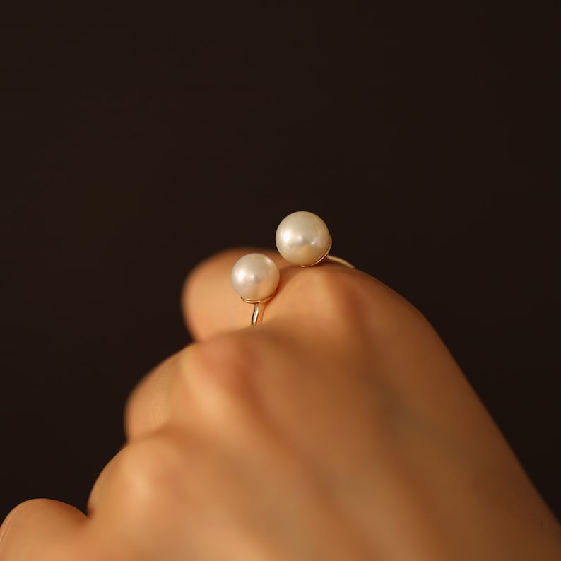 Open Pearl Ring Bridal Ring 14K Solid Gold Fresh Pearl Ring Unique Ring image 3