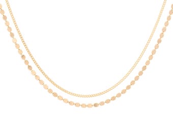 Double Stranded Mixed Chain Bracelet, Flat Circle Disc Coin Link Bracelet, Dainty Curb Chain Bracelet, 14K Solid Gold Layering Bracelet