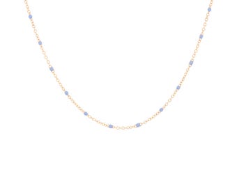 14K Solid Gold Resin Bead Chain Necklace, 14K Yellow Gold Colorful Enamel Beaded Chain Necklace, Rolo Link Chain Gold Necklace
