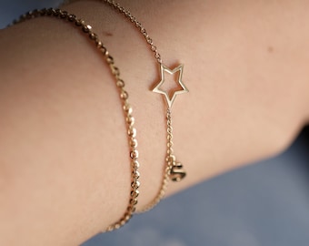 Star Charm Bracelet, Personalized Initial Dangle Bracelet, Gold Stars Dangle Bracelet, 14K Solid Gold Bracelet, Simple Layering Jewelry