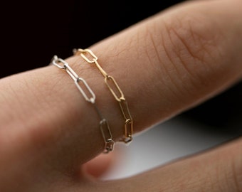 Mini Paper Clip Chain Ring, Minimalist Ring, Chain Ring, 14K Solid Gold Paper Clip Ring, Thin Gold Ring, Stackable Ring, Layering Ring