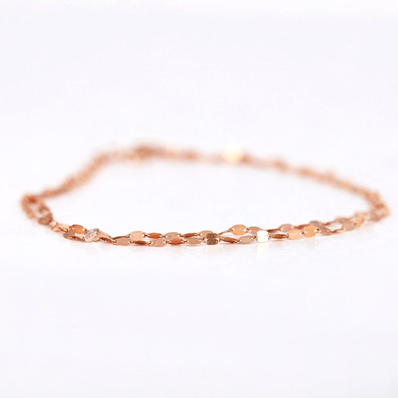 14K Gold Glitter Chain Bracelet, 14K Double Stranded Glitter Chain Bracelet, Flat Link Chain Gold Bracelet, 14K Solid Gold Chain Bracelet image 4