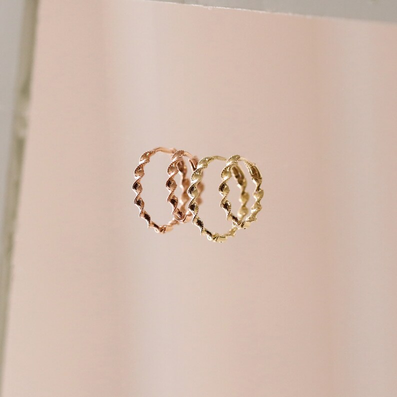 Twist Circle Hoops, Circle Huggie Hoops, Twist Open Circle Earrings, 14K Solid Gold Milgrain Detail Hoops, Minimalist Earrings for Pair image 7