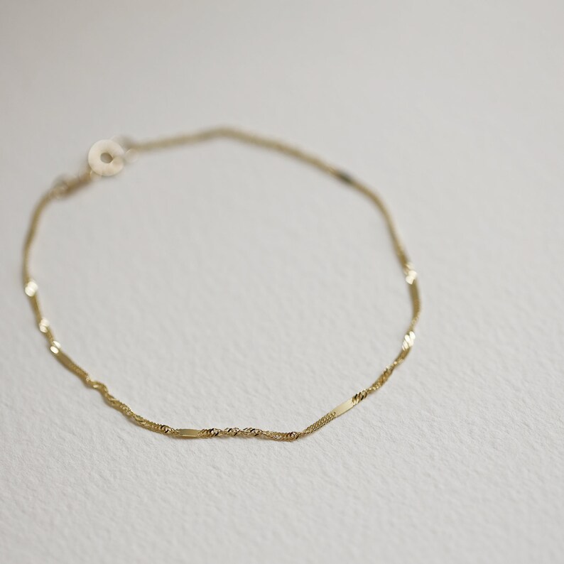 14K Solid Gold Anklet Gold Chain Anklet Layering Jewelry Singapore Chain with Bar Detail Simple Chain Anklet