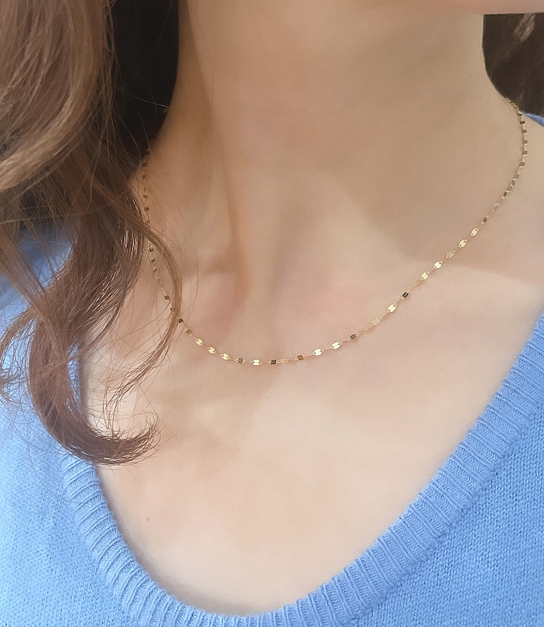14K Gold Glitter Chain Necklace, Flat Link Chain Gold Necklace, Sparkle Chain Necklace, Minimalist Necklace, 14K Solid Gold Chain Necklace image 2