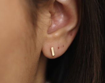 14K Gold Earrings, 14K Gold Bar Studs, Solid Gold Bar