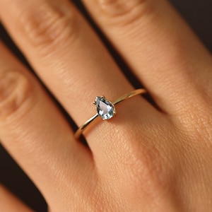 Aquamarine Solitaire Ring, Aquamarine Ring, 14K Solid Gold Ring, Teardrop Aquamarine Solitaire Ring, Minimalist Ring, 14k Aquamarine Band image 1