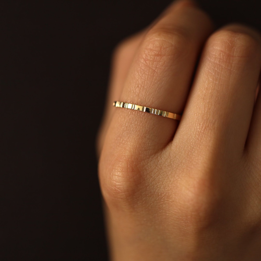 14K Solid Gold Grooved Ring, Irregular Groove Ring, 14K Gold Layering Ring, Minimalist Ring
