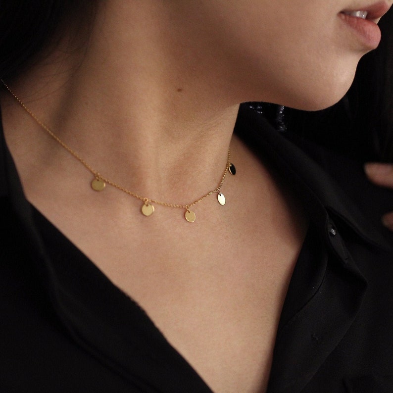14k Solid Gold Disc Charm Necklace 14K Solid Gold Choker Etsy