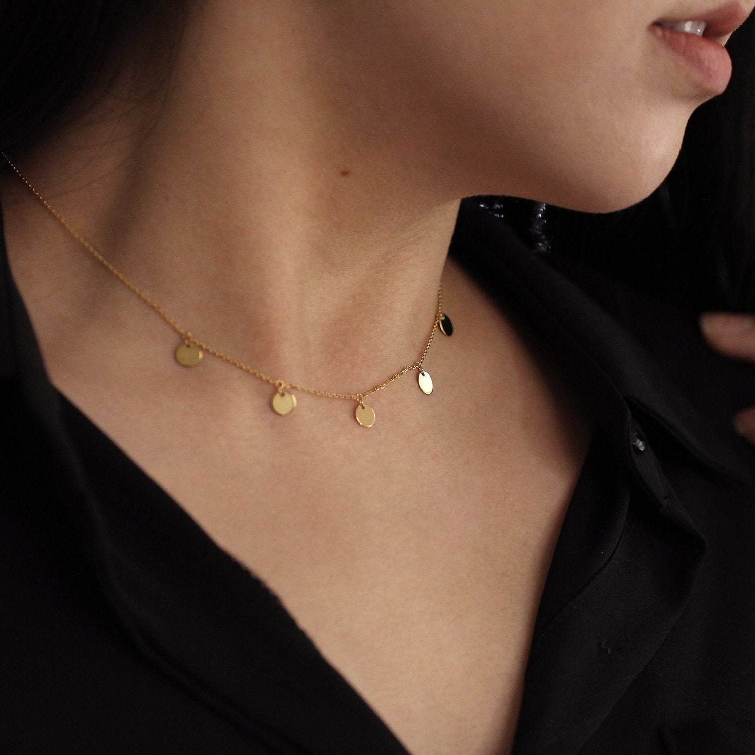 14k Solid Gold Disc Charm Necklace 14K Solid Gold Choker Etsy