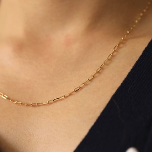 Mini Paper Clip Necklace, 14K Solid Gold 4.5mm Paper Clip Link Necklace, Flat Link Chain Gold Necklace, 14K Paper Clip Necklace