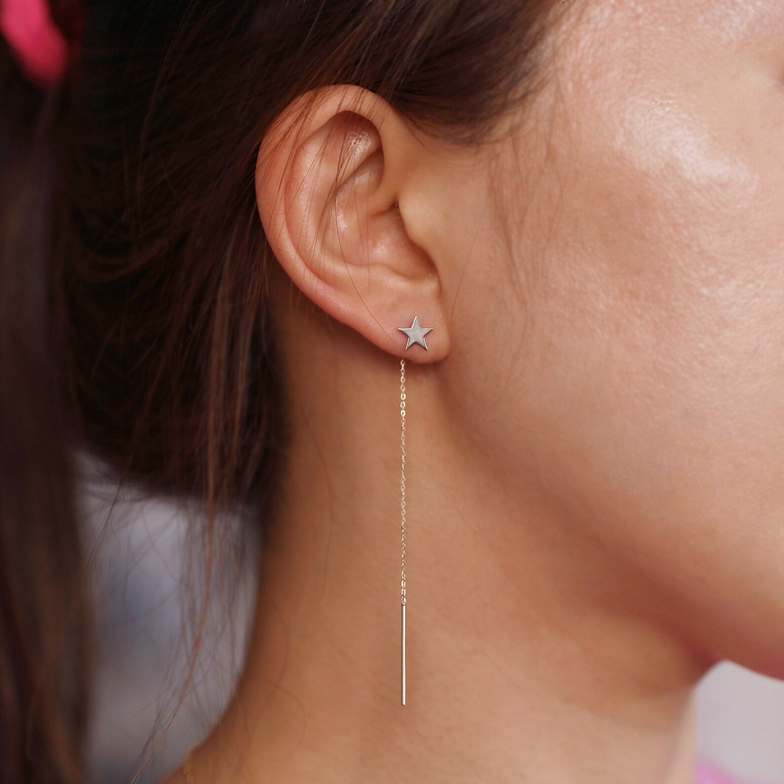 Star Earring Star Stud Drop Chain Earring 14K Star Drop Etsy