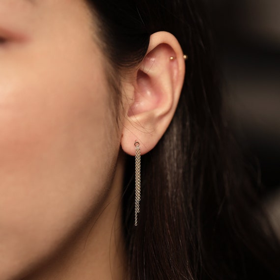 Aretes colgantes de cadena de oro macizo de 14 quilates, aretes