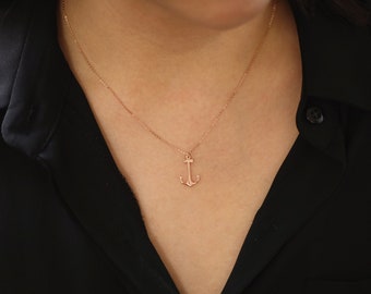 14K Solid Gold Anchor Pendant Necklace, Anchor Necklace, Personalized Necklaces, Simple Necklaces