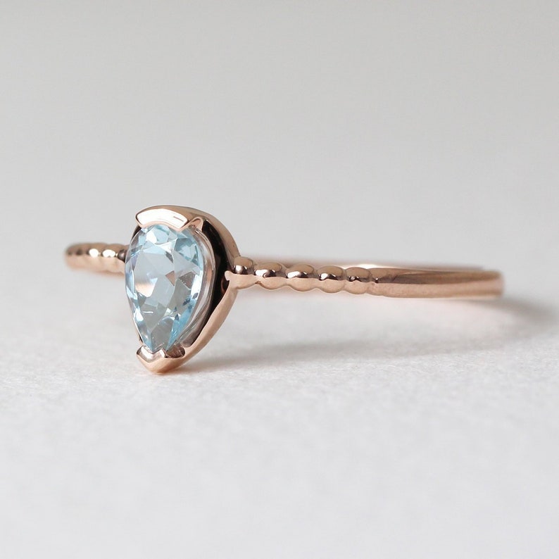 Aquamarine Solitaire Ring, Aquamarine Ring with Bead Detail, 14K Solid Gold Ring, Teardrop Aquamarine Solitaire Ring, 14K Minimalist Ring image 2