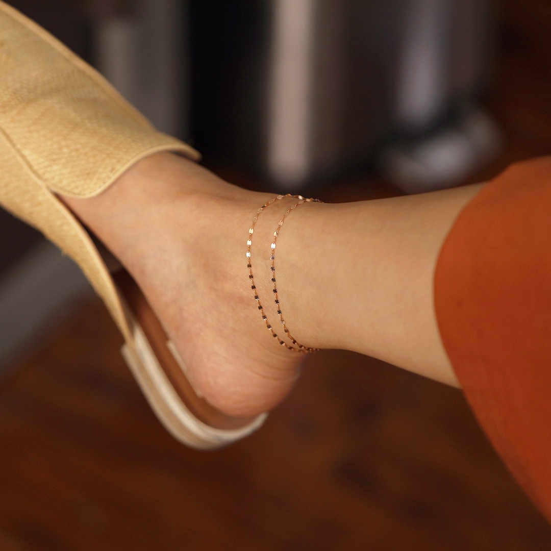 アンクレット Tirr Lirr 14K Combi Gold Basic Double anklet 14K Double Stranded Glitter Chain Anklet, 14K Gold Glitter