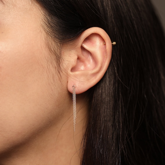 14K Solid Gold Chain Drop Earrings, Dangle Earring, Unique Drop Earrings,  Simple Earrings, Gold Chain Earrings, For a Pair