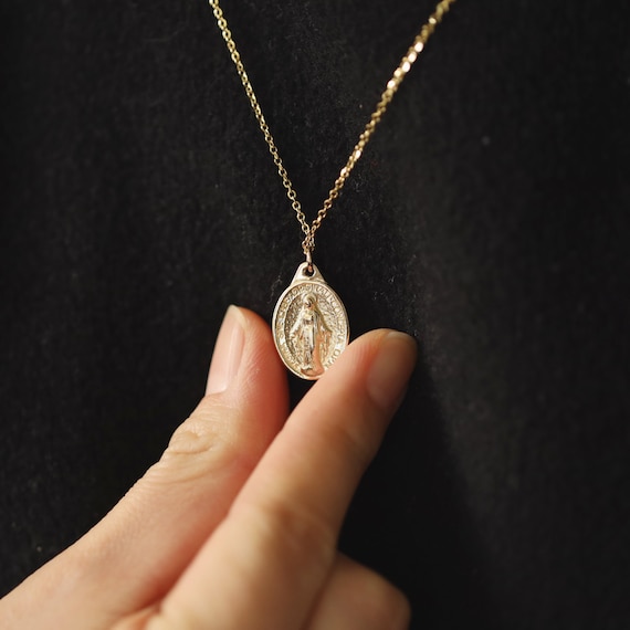 Miraculous Medal Necklace Medallion Necklace Virgin Mary Miraculous Medal Gold Necklace 14K Solid Gold Necklace Religious Necklace Etsy