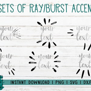 May include: Six sets of black and white ray or burst accents for adding a graphic design element to text. The text "your text" is used as a placeholder in each design.