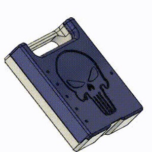 May include: A dark blue plastic box with a skull design on the front. The box has a handle on the top and a latch on the side.