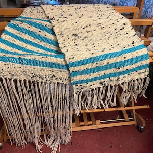 White & Blue Striped Shawl/Wrap 100% Wool Hand Spun Hand Woven