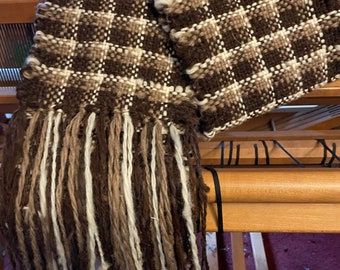 Brown Plaid Scarf 100% Wool Hand Spun Hand Woven