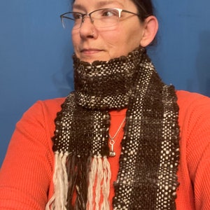 Brown and White Woven Scarf 100% Wool Hand Spun Hand Woven