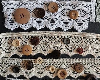 Lace trims and wood buttons, 10 different lace trims and 10 different buttons, junk journal, Wooden buttons