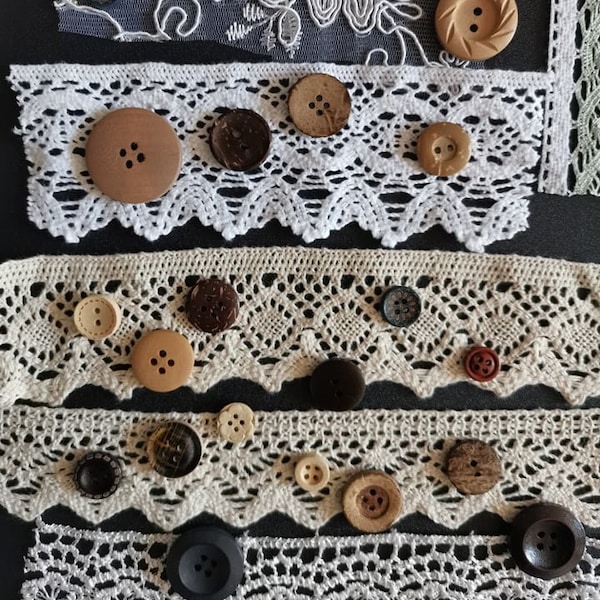 Lace trims and wood buttons, 10 different lace trims and 10 different buttons, junk journal, Wooden buttons