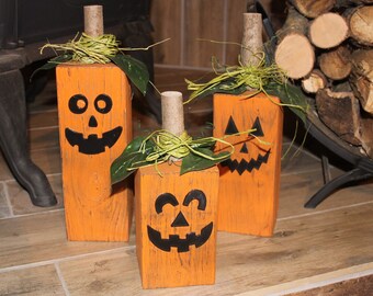 Wood Jack-o-Lantern Patch Set - Fall Porch Decor (Set of 3), 4x4 Pumpkins, Halloween Decorations