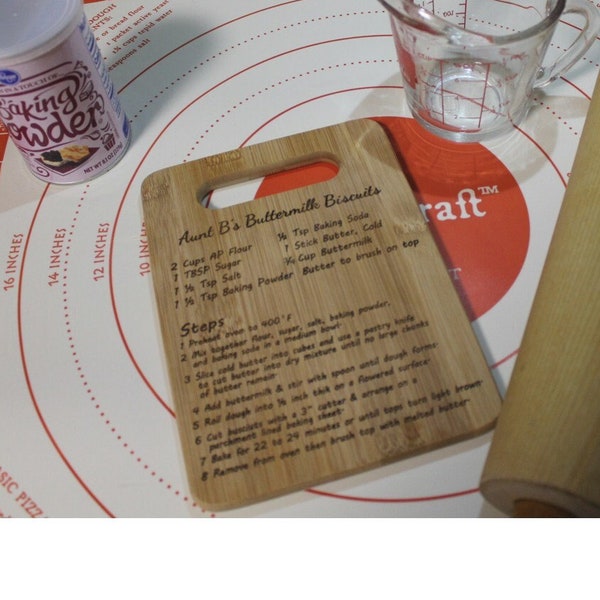 Aunt B's Buttermilk Biscuits Recipe on bamboo cutting board.  Laser engraved biscuit recipe