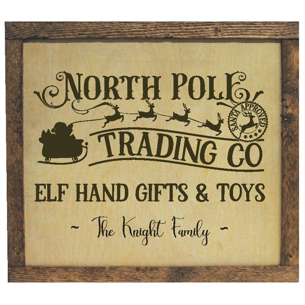 North Pole Trading Company personalized Christmas Sign framed in special walnut stain.