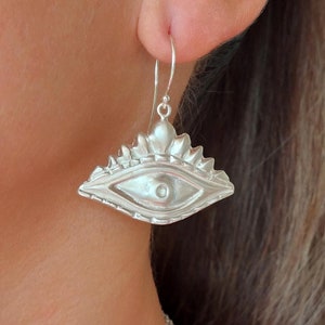 Evil Eye Silver Earrings, Dangle Earrings, Boho Earrings, Sterling Silver, Oversized Evil Eye Earrings, Evil Eye Hook Earrings, Handmade