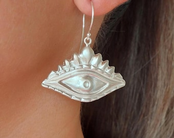 Evil Eye Baumeln Ohrringe, handgefertigt massiv 950 Silber mit mattem Finish