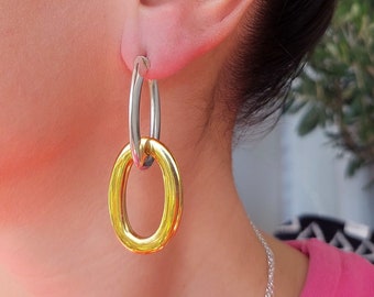 Dangle Link Earrings, Mixed Color Earrings, Two in One Earrings, Oval Stud Earrings, Statement Earrings, Unique Earrings, Large Earrings