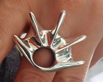 Large Statement Ring, Crown Ring, Solid Sterling Silver, Chunky Ring, Modern Ring, Unique Ring, Middle Finger Ring, Geometric Ring