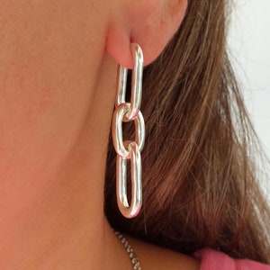 Link Silver Earrings, Chain Earrings, Chunky Chain Earring, Rock Earrings, Dangling Link Earrings, Punk Style Earrings, Two in One Earrings
