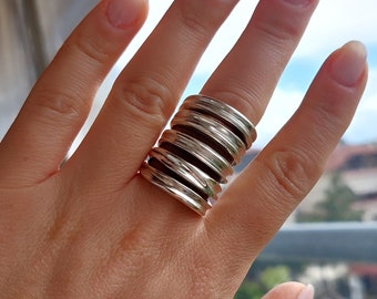 Wavy Lines Ring, Silver Wide Ring, Long Statement Ring, Silver Chunky Ring, Solid Sterling Silver, Silver Wrap Ring, Wide Band Ring