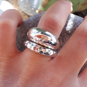 Sterling Silver Chunky Statement Ring Set • Hammered & Smooth Band Duo • Modern Dome Rings