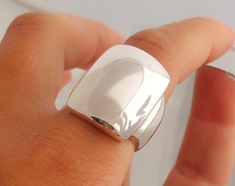 Anillo grande de plata esterlina con diseño llamativo • Joyería rectangular llamativa • Anillo minimalista geométrico moderno