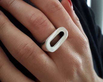 Geometric Open Oval Ring in Sterling Silver • Handmade Minimalist Statement Jewelry for Her