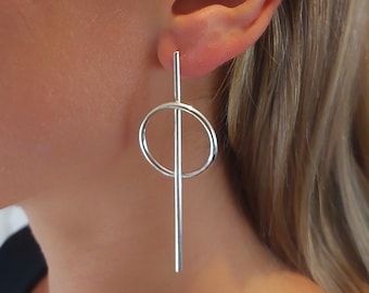 Sterling Silver Geometric Drop Earrings - Minimalist Circle Jewelry, Handmade Large Stud