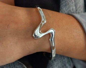 Sterling Silver Open Cuff Bracelet - Geometric Wave Design, Elegant Adjustable Cuff, Minimalist Jewelry