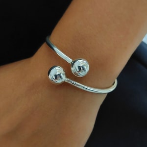 Sterling Silver Double Ball Cuff Bracelet, Adjustable Modern Bangle, Modern Design for Women