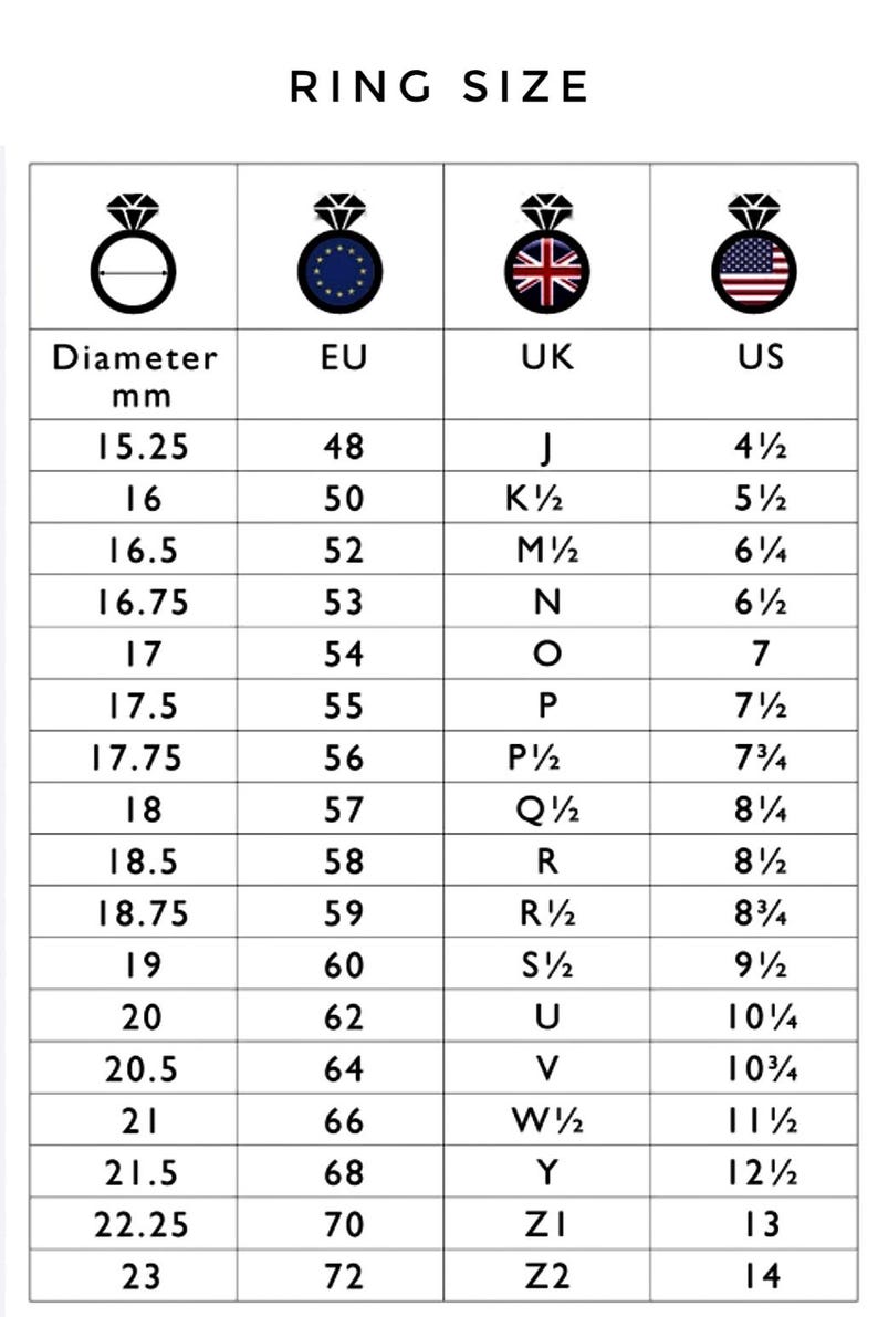 May include: A black and white ring size conversion chart featuring columns for diameter in millimeters, EU sizes, UK sizes, and US sizes. The table includes icons of rings with flags representing the European Union, United Kingdom, and United States.
